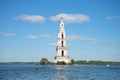 View of the flooded historic bell tower of St. Nicholas Cathedral in the Uglich reservoir