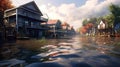 View of a flooded village street. Concept of ecological catastrophe. Generative AI.