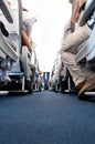 View from floor of plane cabin on aisle Royalty Free Stock Photo