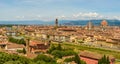 View of Florence from Piazzale Michelangelo - River Arno with Ponte Vecchio and Palazzo Vecchio, Duomo Santa Maria Del Fiore and Royalty Free Stock Photo