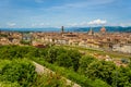 View of Florence from Piazzale Michelangelo - River Arno with Ponte Vecchio and Palazzo Vecchio, Duomo Santa Maria Del Fiore and Royalty Free Stock Photo