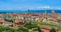 View of Florence from Piazzale Michelangelo - River Arno with Ponte Vecchio and Palazzo Vecchio, Duomo Santa Maria Del Fiore and Royalty Free Stock Photo