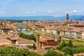 View of Florence from Piazzale Michelangelo - River Arno with Ponte Vecchio and Palazzo Vecchio, Duomo Santa Maria Del Fiore and Royalty Free Stock Photo