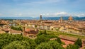 View of Florence from Piazzale Michelangelo - River Arno with Ponte Vecchio and Palazzo Vecchio, Duomo Santa Maria Del Fiore and Royalty Free Stock Photo