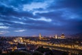 View of Florence during sunset showing the River Arno, Ponte Vecchio, the Palazzo Vecchio and the Duomo - Florence, Tuscany, Italy
