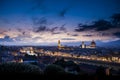 View of Florence during sunset showing the River Arno, Ponte Vecchio, the Palazzo Vecchio and the Duomo - Florence, Tuscany, Italy