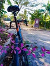 View of the flower and the roadbike Royalty Free Stock Photo