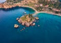 View from flying drone. Aerial morning view of Bella island. Incredible spring seascape of Mediterranean sea, Mazzaro` town, Sici Royalty Free Stock Photo