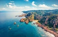 View from flying drone. Aerial morning view of Li Cossi beach. Wonderful summer scene of Costa Paradiso, Sardinia island, Italy, E