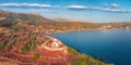 View from flying drone of Agia Paraskevi Church. Attractive evening scene of Peloponnese peninsula, Greece, Europe. Royalty Free Stock Photo