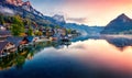 View from flying drone. Awesome sunrise on Grundlsee lake. Breathtaking morning view of Eastern Alps, Liezen District of Styria, A