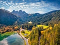 View from flying drone. Breathtaking autumn view of Gosaubach lake. Incredible morning scene of Austrian Alps, Upper Austria, Euro