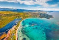 View from flying drone. Exotic summer view of popular tourist destination - Santa Giulia beach. Attractive morning seascape of Me