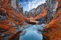 View from flying drone of Fjadrargljufur canyon and river. Colorful autumn scene of South east Iceland, Europe. Beauty of nature c