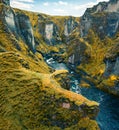 View from flying drone of Fjadrargljufur canyon and river. Magnificent autumn scene of South east Iceland, Europe. Beauty of natur