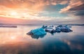 View from flying drone of floating of blue icebergs in Jokulsarlon Glacier Lagoon. Royalty Free Stock Photo