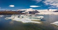 View from flying drone of floating of blue icebergs in Jokulsarlon Glacier Lagoon Royalty Free Stock Photo