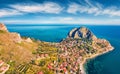 View from flying drone. Gorgeous morning view of Zafferano cape. Exciting spring seascape of Mediterranean sea, Sicily, Italy, Eur