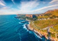 View from flying drone. Gorgeous spring scene of Sicily, San Vito cape, Italy, Europe. Captivating morning seascape of Mediterrane