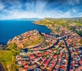 View from flying drone. Impressive summer cityscape of Castelsardo port. Aerial view of Sardinia island, Province of Sassari, Ital