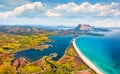 View from flying drone. Incredible spring view of La Cinta beach. Aerial morning scene of Sardinia island, Italy, Europe. Sunny Me