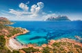 View from flying drone. Incredible spring view of Spiaggia del dottore beach. Superb morning scene of Sardinia island, Italy, Euro