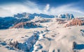 View from flying drone of Italian ski resort. Beautiful morning view of Dolomite Alps. Royalty Free Stock Photo