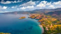 View from flying drone of Kardamili port.