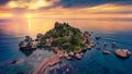 View from flying drone. Magnificent morning view of Bella island. Unbelievable spring seascape of Mediterranean sea. Fantastic sun