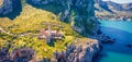View from flying drone. Panoramic morning view of Zafferano cape with lighthouse.Impressive spring seascape of Mediterranean sea,