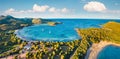 View from flying drone. Panoramic summer view of Rondinara beach. Magnificent  morning seascape of Mediterranean sea. Bright scene Royalty Free Stock Photo