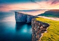 View from flying drone. Perfect evening scene of Sorvagsvatn lake, Vagar, Faroe Islands, Kingdom of Denmark, Europe. Great summer