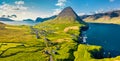 View from flying drone. Perfect summer scene of Vidareidi village, Vidoy island. Wonderful morning view of Faroe Islands, Kingdom