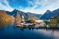 View from flying drone. Picturesque morning view of Maria Kronung church. Aerial autumn scene of Traunsee lake. Stunnig landscape