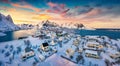 View from flying drone of Reine village, Moskenesoya island, Norway, Europe