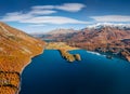 View from flying drone of Sils lake. Fabulous autumn scene of Swiss Alps. Royalty Free Stock Photo