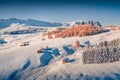 View from flying drone of ski resort. Wonderful morning view of Dolomite Alps. Royalty Free Stock Photo