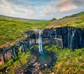 View from flying drone. Splendid morning view of famous Svartifoss Black Fall Waterfall. Colorful summer scene in Skaftafell, Va Royalty Free Stock Photo