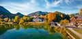 View from flying drone. Stunning morning scene of Grundlsee village and lake. Magnificent autumn view of Eastern Alps, Liezen Dist