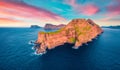 View from flying drone. Stunning sunset on Kallur Lighthouse, Kalsoy island. Superb summer scene of Faroe Islands, Denmark, Europe Royalty Free Stock Photo