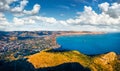 View from flying drone. Sunny morning cityscape of Palermo city. Impressive spring scene of Sicily, Italy, Europe. Nice seascape o