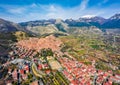 View from flying drone. Sunny spring afternoon in Morano Calabro town. Picturesque cityscape of Italy, Europe. Beautiful world of