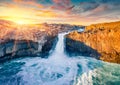 View from flying drone. Sunny summer sunset on Aldeyjarfoss waterfall.