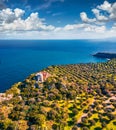 View from flying drone. Sunny summer view of Milazzo lighthouse.