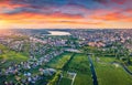View from flying drone of Ternopil city. Astonishing summer sunrise on Seret river