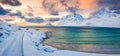 View from flying drone of Vik Beach after huge snowfall.