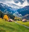 View from flying drone of Wengen village, district of Lauterbrunnen. Amazing morning scene of Swiss Alps. Exotic autumn landscape