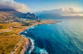 View from flying drone. Wonderful spring scene of Sicily, Isolidda Beach, San Vito cape, Italy, Europe. Great morning seascape of