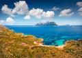 View from flying droneof Spiaggia Del Dottore beach. Aerial morning scene of Sardinia island, Italy, Europe. Royalty Free Stock Photo