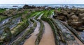 View of Flysch rock formations at low tide at Barrika beach near Bilbao Royalty Free Stock Photo